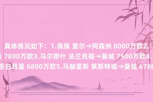 具体情况如下：1.佩佩 里尔→阿森纳 8000万欧2.奥斯梅恩 里尔→那不勒斯 7890万欧3.马尔穆什 法兰克福→曼城 7500万欧4.阿什拉夫 国米→巴黎圣日耳曼 6800万欧5.马赫雷斯 莱斯特城→曼城 6780万欧6.库杜斯 西汉姆联→热刺 6380万欧6.奥巴梅扬 多特蒙德→阿森纳 6380万欧8.凯塔 莱斯特城→热刺 6000万欧9.万-比萨卡 水晶宫→曼联 5500万欧10.奥纳纳 国米→曼联 5020万欧    体育赛事直播
